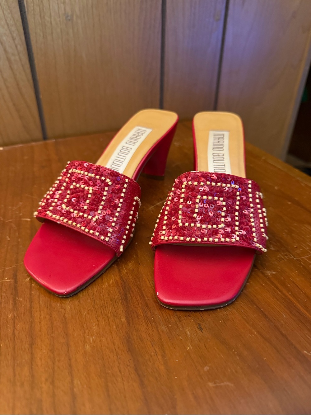 Manolo Blahnik Red Sequin Embellished Slide Mules